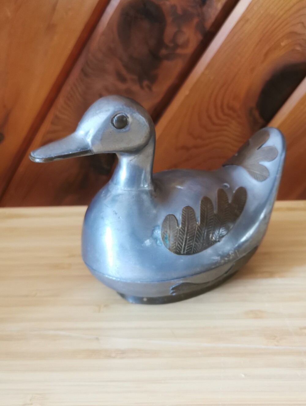Vintage Pewter & Brass Duck Trinket Box Ornate Lidded Dish